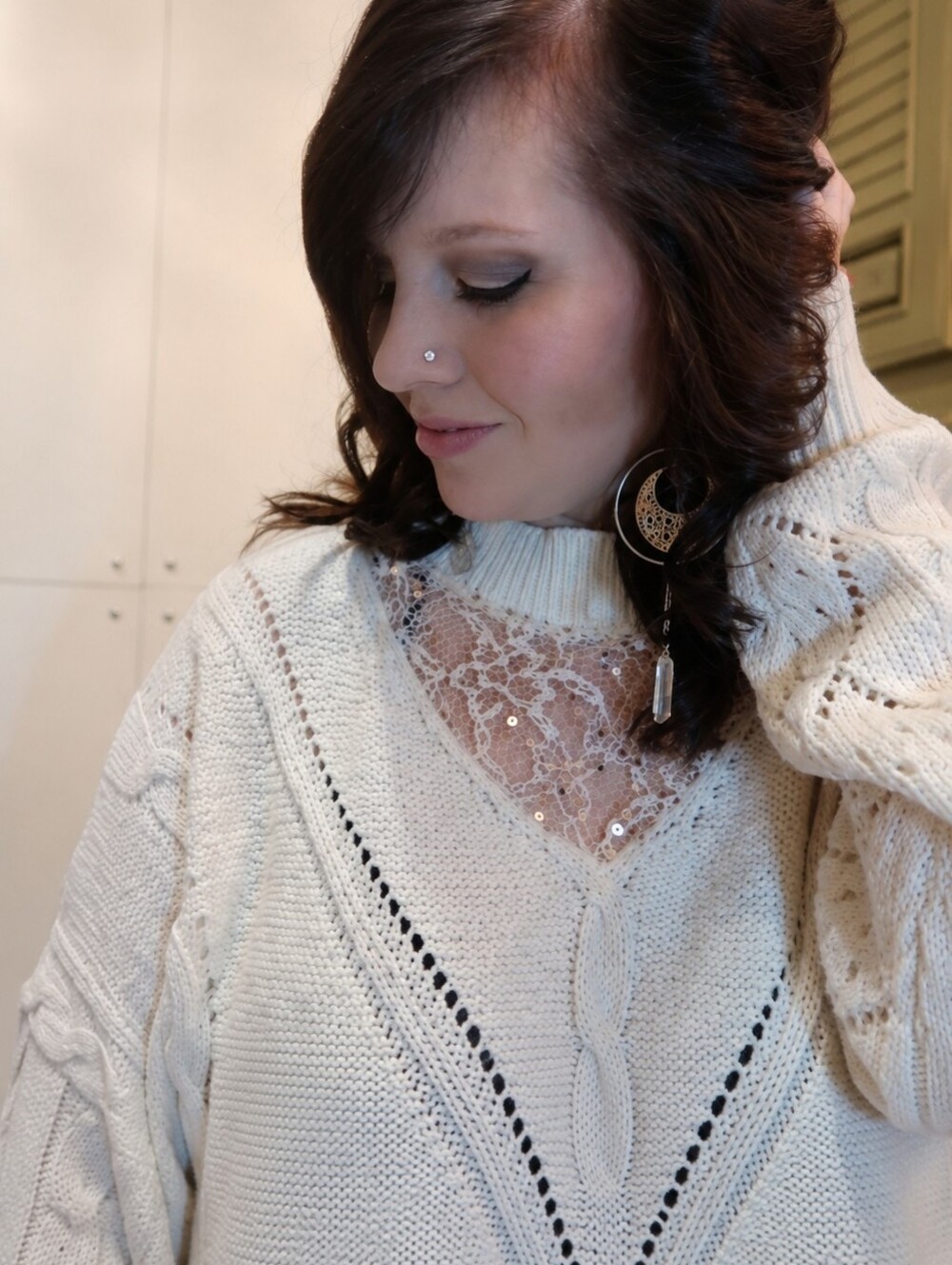 NWT Boutique Cream Cable Knit Lace Sequin Oversized Sweater S/M Boho Cozy - Picture 2 of 5